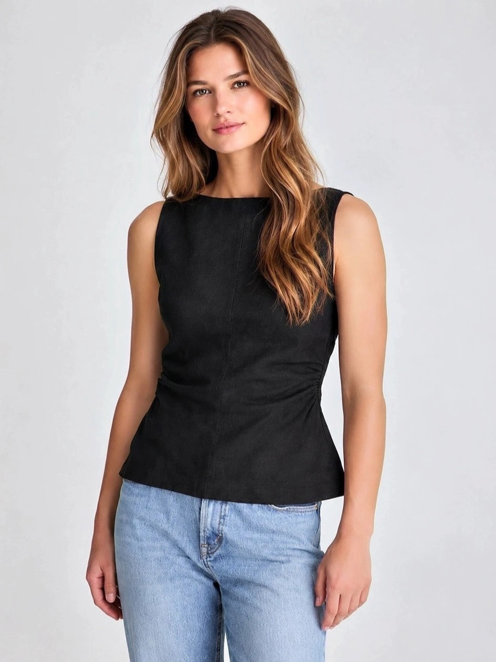 Madewell Cinched Boatneck Sleeveless Linen Top in Black Medium